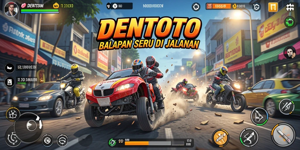 Tampilan gameplay DENTOTO yang seru dengan kendaraan balap.