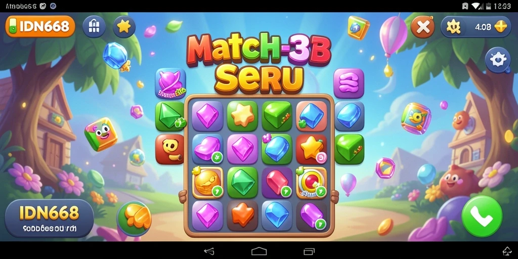 Tangkapan layar utama IDN668 menampilkan gameplay Match-3 yang menarik.
