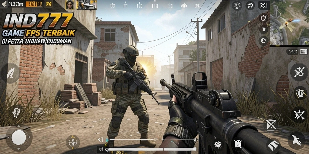 Screenshot menunjukkan pertarungan intens dalam gameplay FPS IND777.
