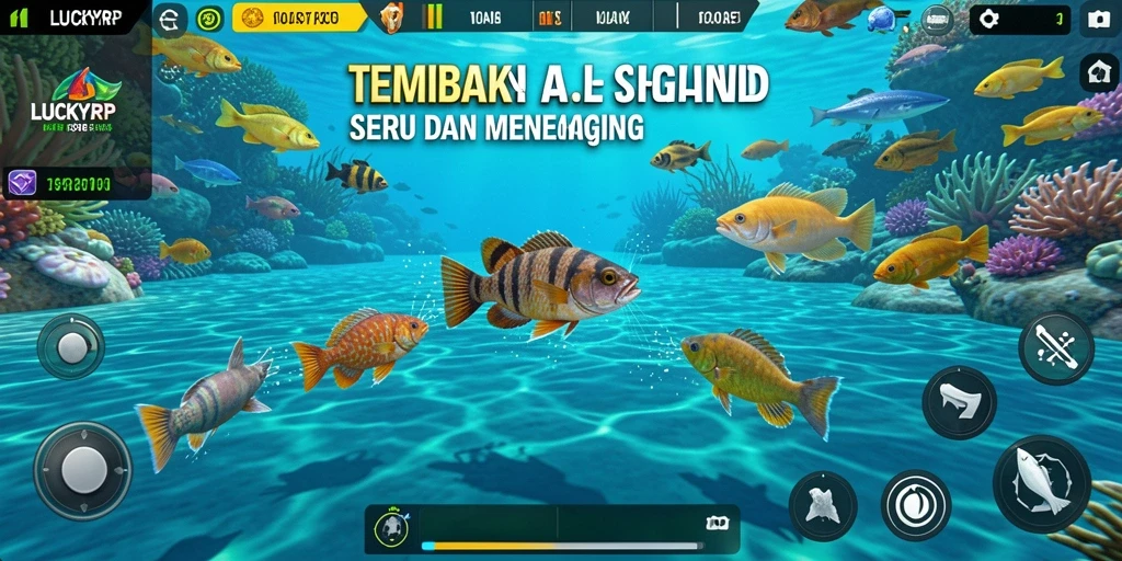 Tampilan gameplay LUCKYRP dengan berbagai ikan yang berwarna-warni.