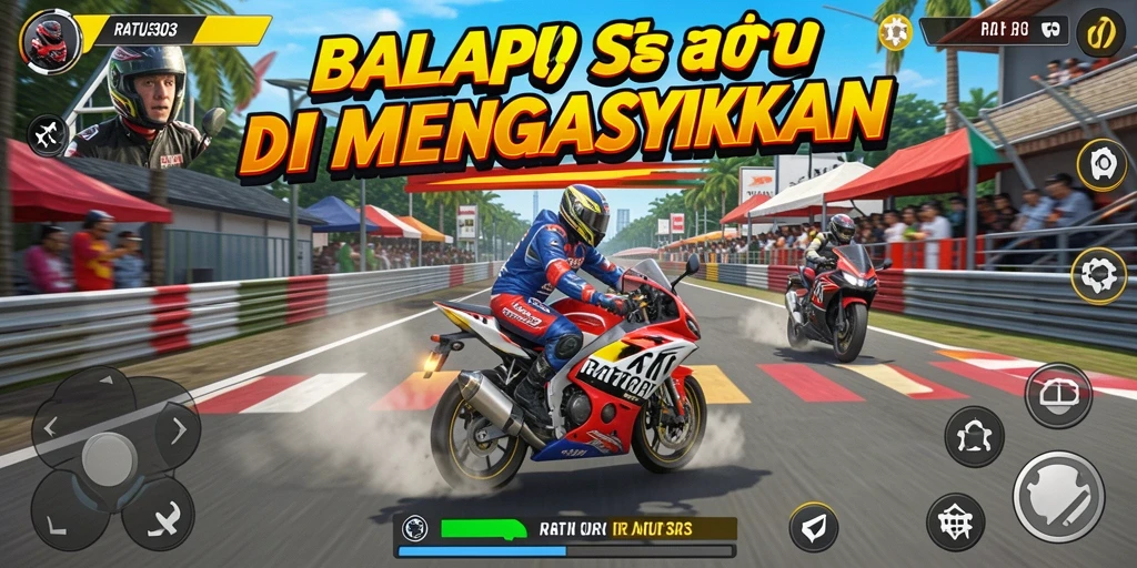 Tampilan gameplay menegangkan dari RATU303 saat balapan motor.
